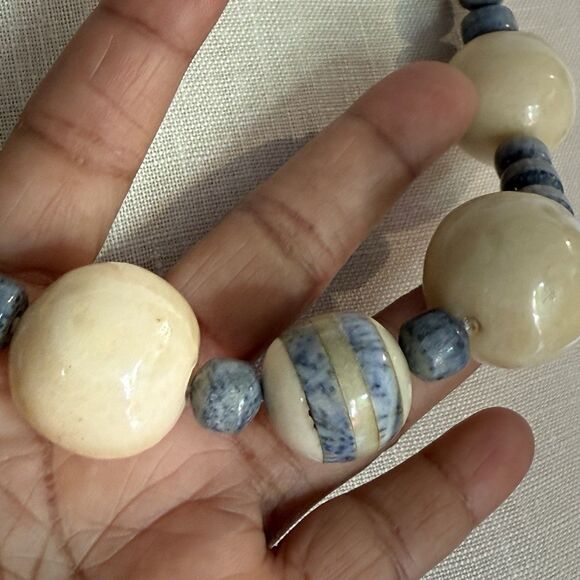 Handcrafted Chunky Ceramic Beaded Necklace – Blue & Cream Statement Jewelry - Picture 3 of 12